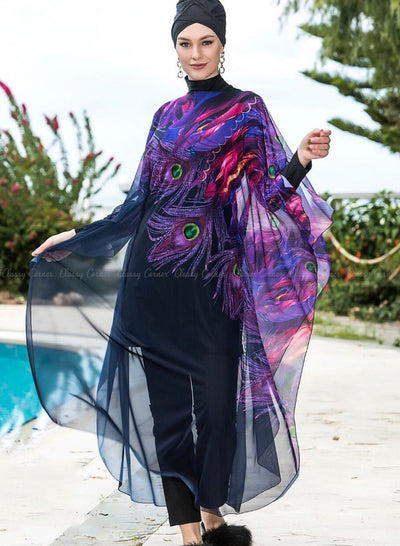 Purple Elegant Peacock Feather Print  Black Swimsuit Cover Up