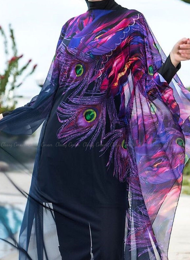 Purple Elegant Peacock Feather Print  Black Swim Wear Cover Up
