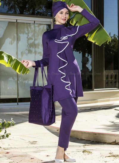 Purple Vertical Ruffled Full Bodysuit Swimsuit