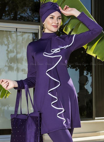 Purple Vertical Ruffled Full Bodysuit Swimsuit Closed Up