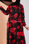 Red Botanical Print Black Modest Long Dress - front closer view