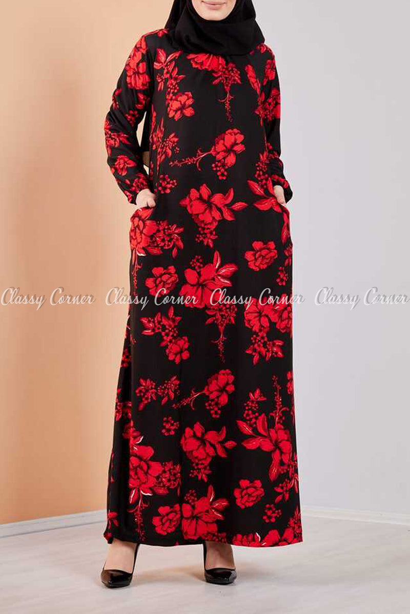 Red Botanical Print Black Modest Long Dress - full front view