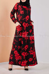 Red Botanical Print Black Modest Long Dress - side pockets