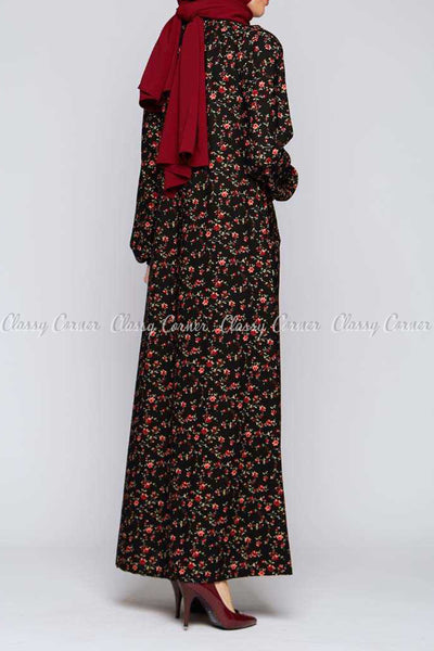 Red Fine Flower Print Black Modest Long Dress - back view
