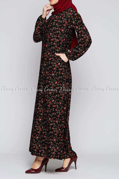 Red Fine Flower Print Black Modest Long Dress - right side view