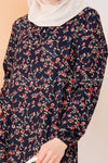 Red Fine Flower Print Navy Blue Modest Long Dress - front closer view