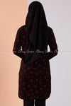Red Floral Print Black Modest Tunic Dress - back view