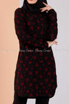 Red Floral Print Black Modest Tunic Dress - front view