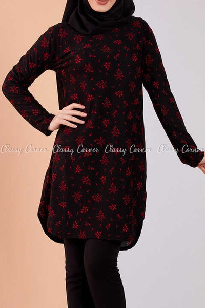 Red Floral Print Black Modest Tunic Dress - full front view
