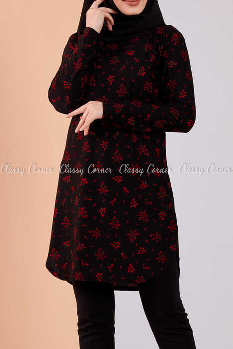 Red Floral Print Black Modest Tunic Dress - full front view