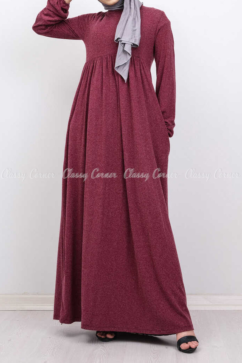 Dusty Maroon High Waist Ruffled Modest Long Dress