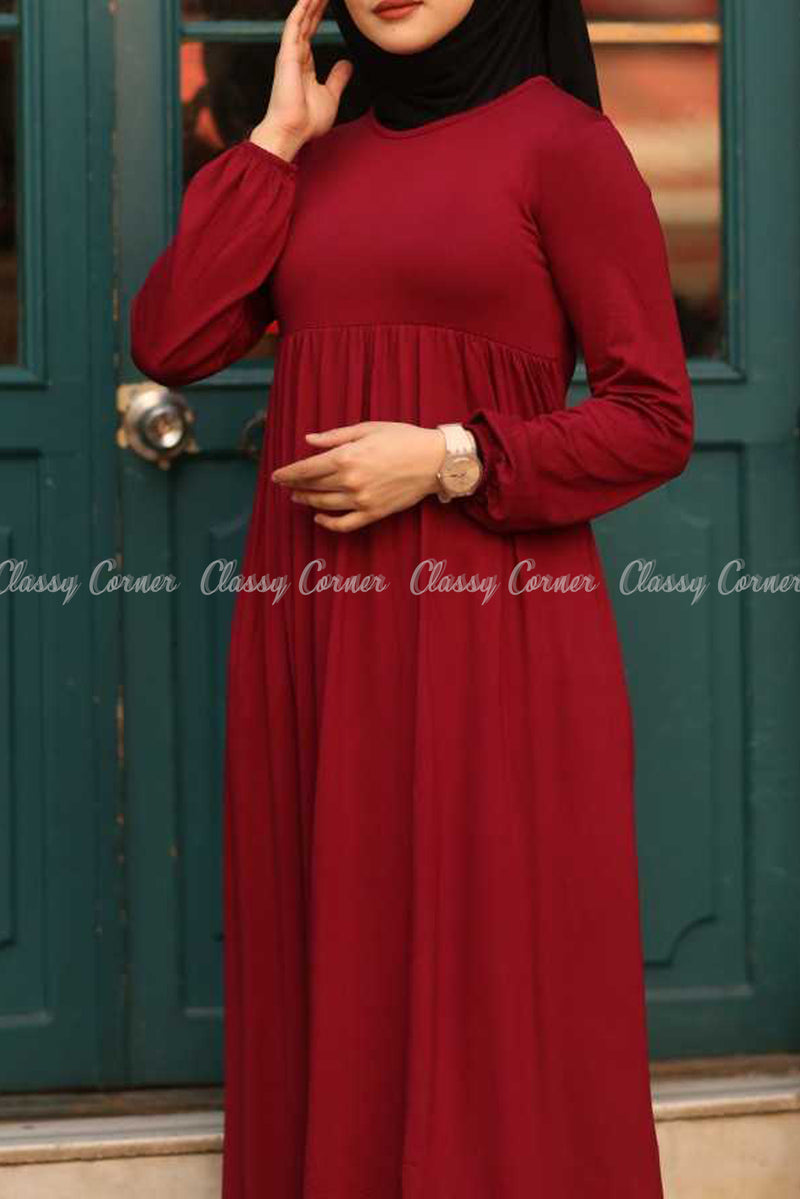 Red Modest Maternity Long Dress - full front view