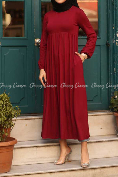 Red Modest Maternity Long Dress - full front details