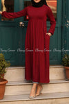 Red Modest Maternity Long Dress - side pocket details