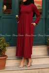 Red Modest Maternity Long Dress - side pockets details