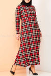 Red Plaid Print Modest Long Dress - front view