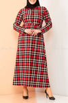 Red Plaid Print Modest Long Dress - full front view