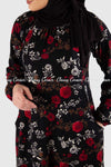 Red and White Floral Print Black Modest Long Dress Closer View