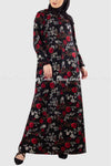 Red and White Floral Print Black Modest Long Dress Front View