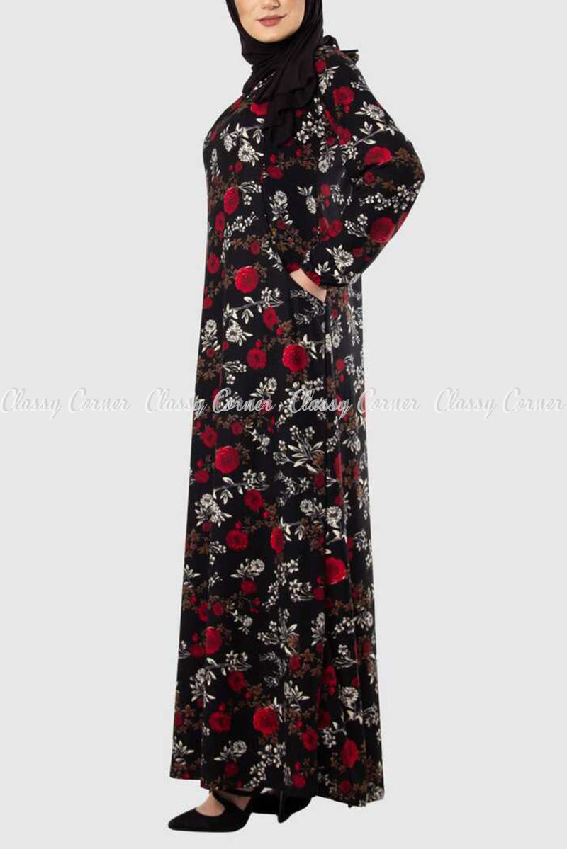 Red and White Floral Print Black Modest Long Dress Front View