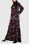 Red and White Floral Print Black Modest Long Dress Side View