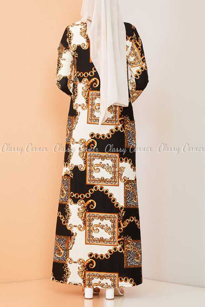 Royal Chain Print Black and White Modest Long Dress - back view
