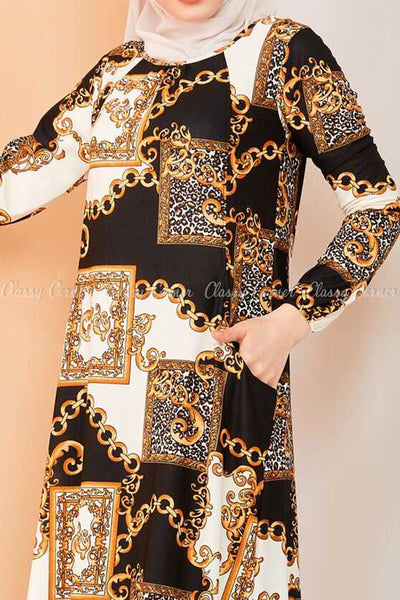 Royal Chain Print Black and White Modest Long Dress - closer view