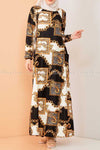 Royal Chain Print Black and White Modest Long Dress - front full view