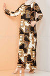 Royal Chain Print Black and White Modest Long Dress - side view