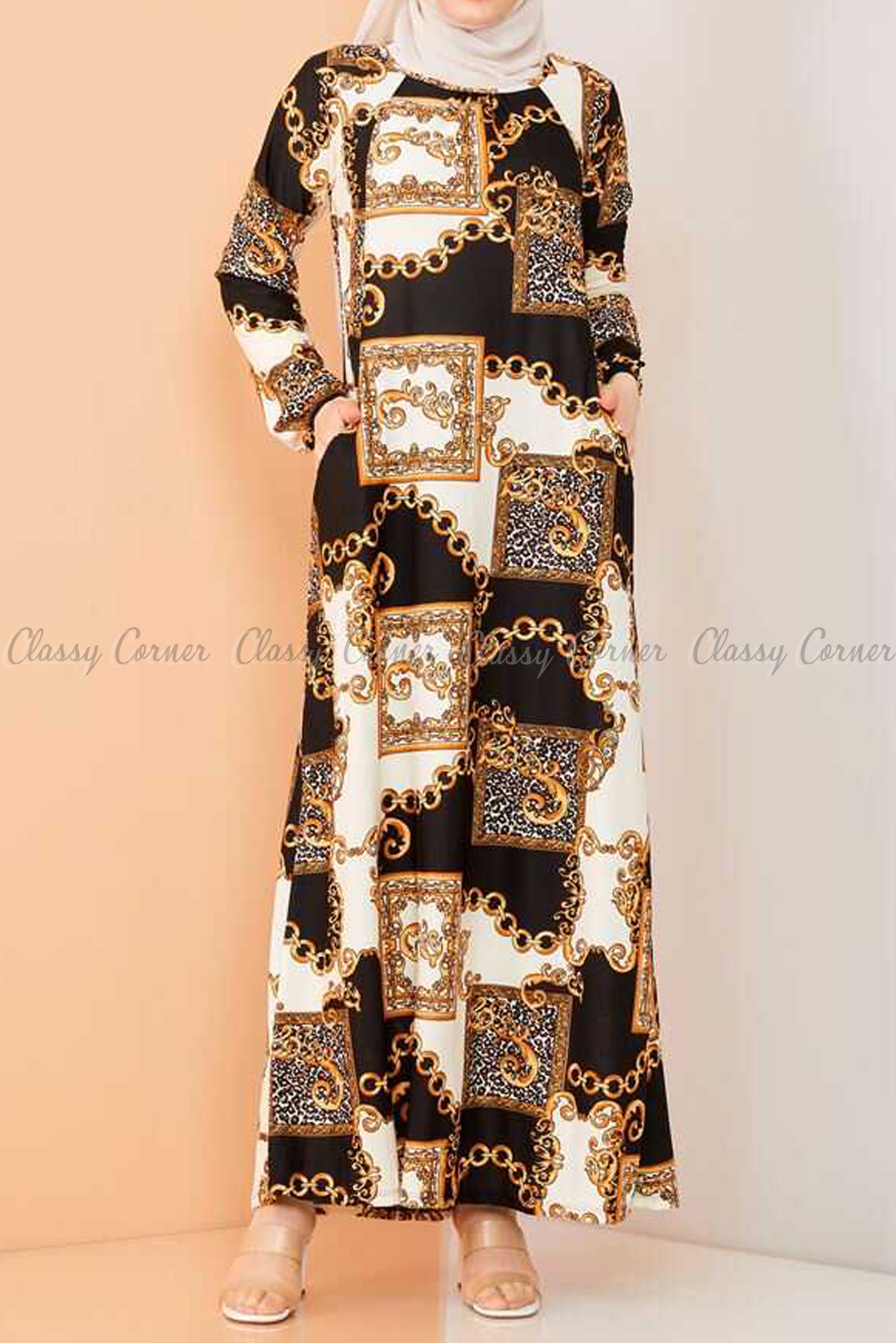 Royal Chain Print Black and White Modest Long Dress