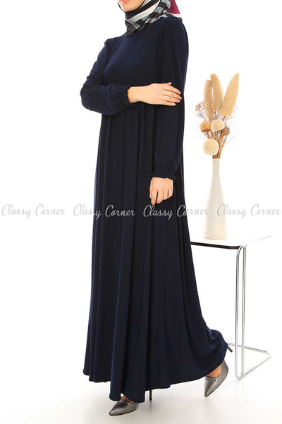 Ruffled Long Sleeves Navy Blue Modest Long Dress - right side view
