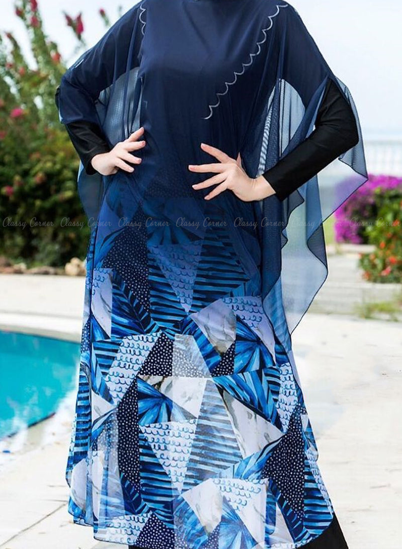 Shades of Blue Abstract Print Navy Blue Swim Wear Cover Up