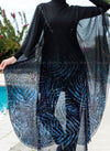 Shades of Blue Leafy Print Black Swimsuit Cover Up Closed Up