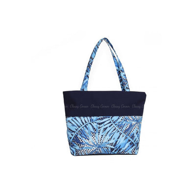 Shades of Blue Leafy Print Navy Blue Zipper Beach Bag