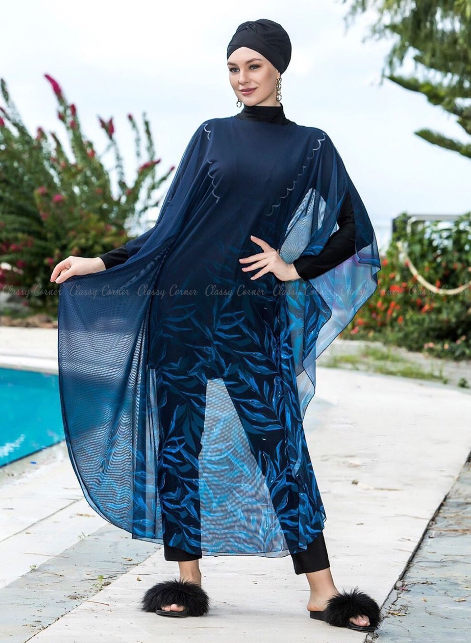 Shades of Blue Leafy Print Navy Blue Swim Wear Cover Up