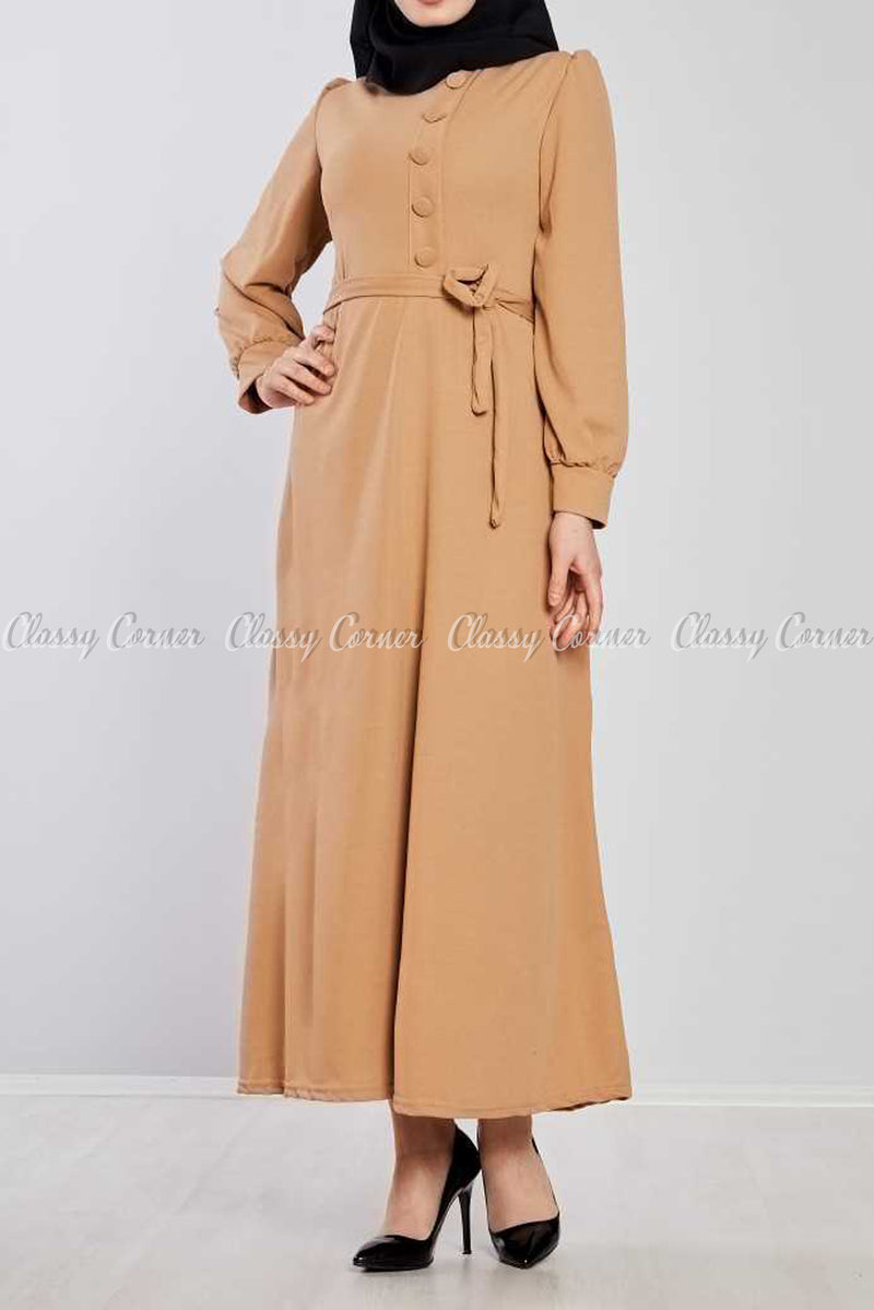 Side Button Style Beige Modest Long  Dress - full front view