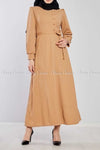 Side Button Style Beige Modest Long  Dress - full front view