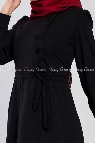 Side Button Style Black Modest Long  Dress - design details
