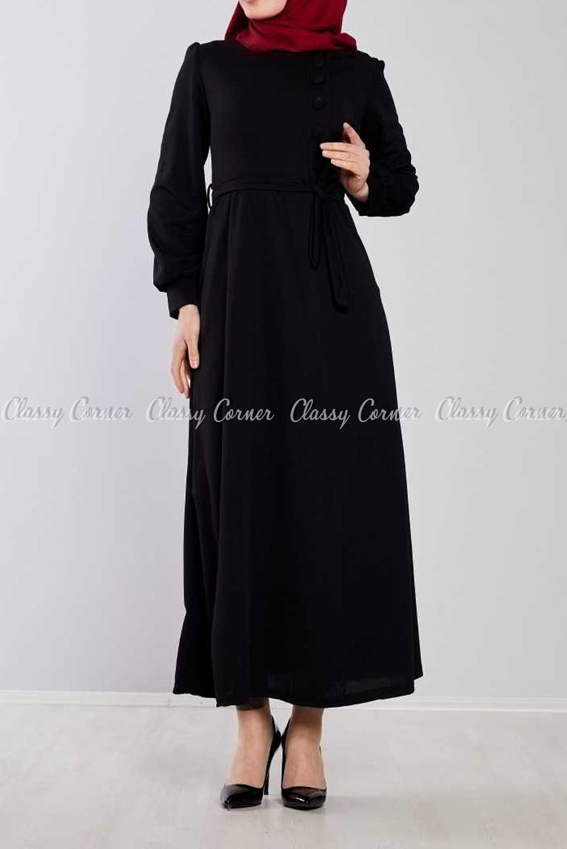 Side Button Style Black Modest Long  Dress - full front view