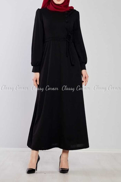 Side Button Style Black Modest Long  Dress - full front view