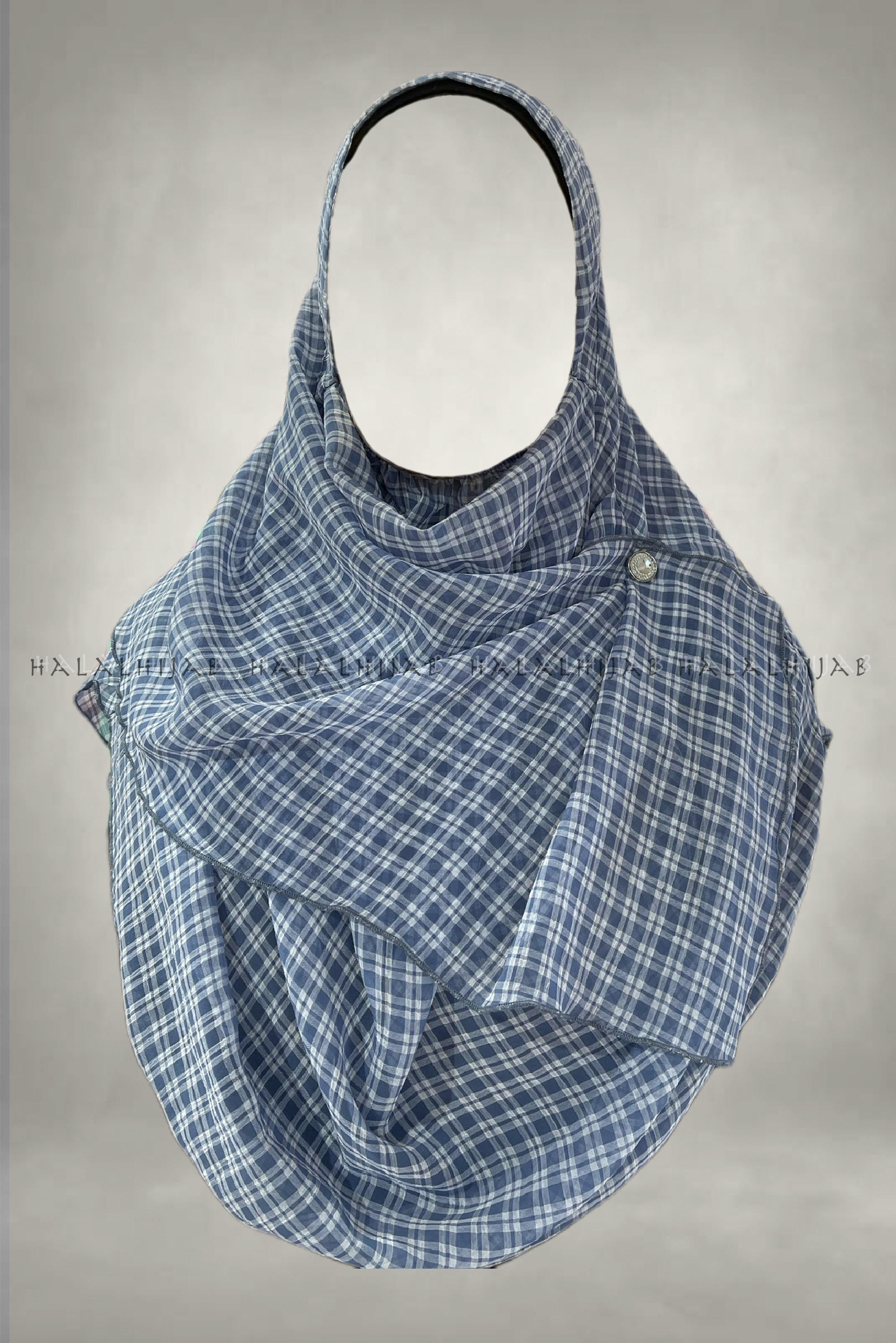 Sky Blue White Checkered Chiffon Instant Hijab