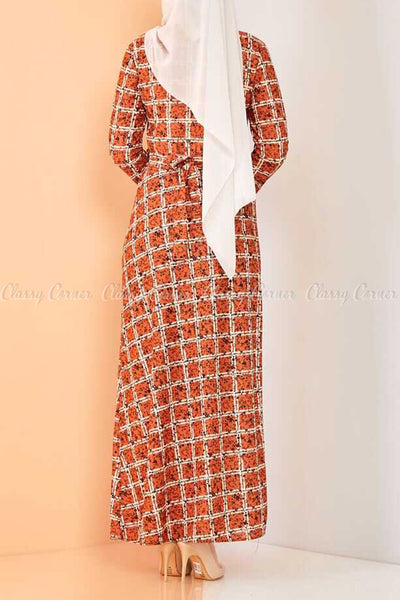Square Print Orange Modest Long Dress - back view