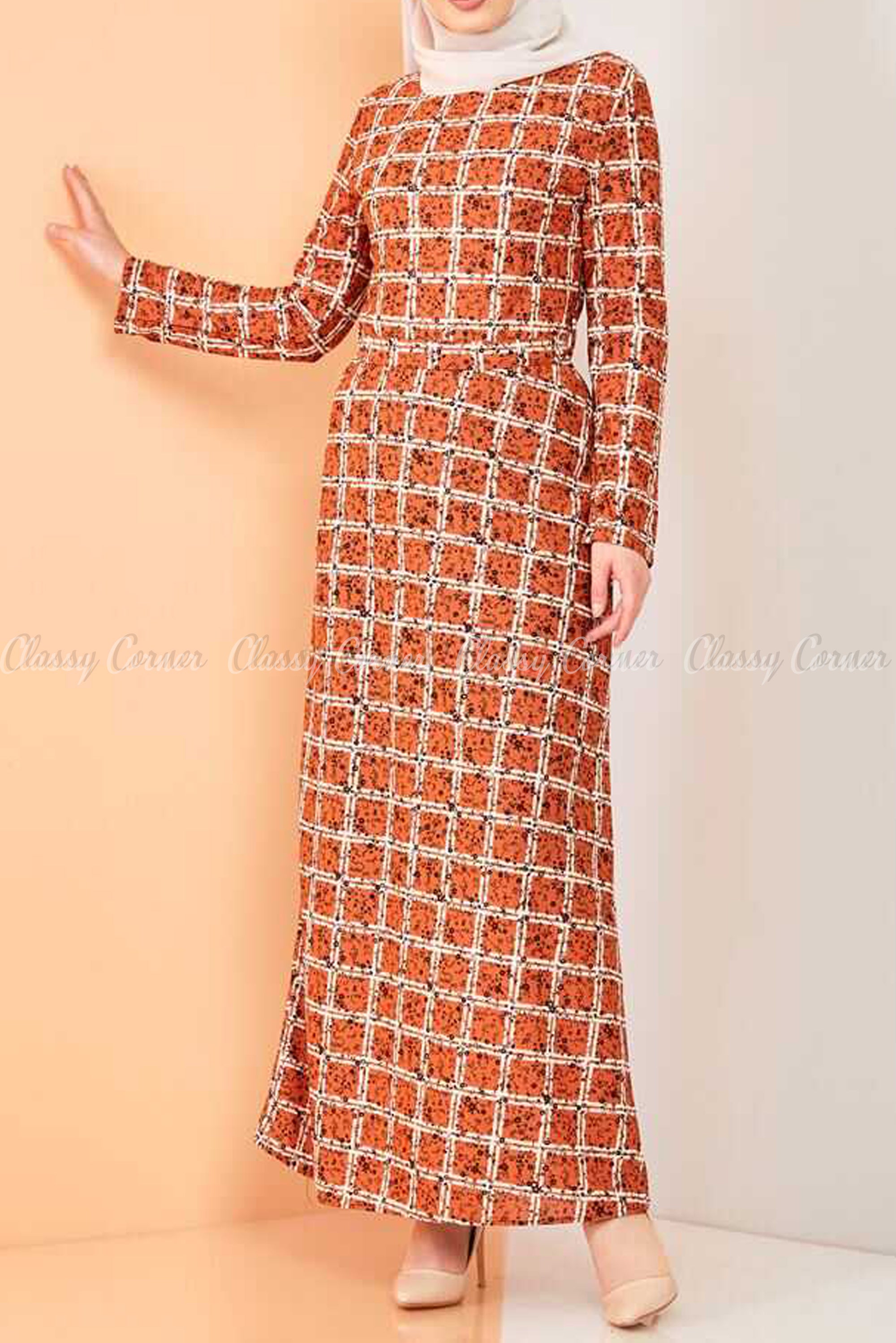 Square Print Orange Modest Long Dress - front view