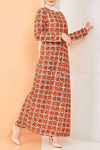 Square Print Orange Modest Long Dress - left side view