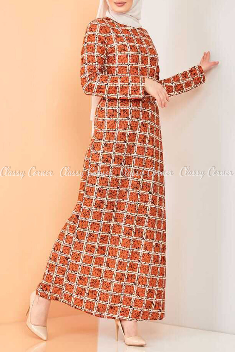 Square Print Orange Modest Long Dress - front view