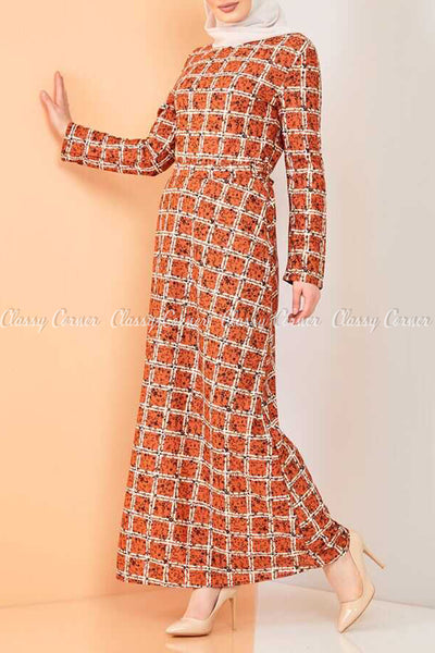 Square Print Orange Modest Long Dress - right side view