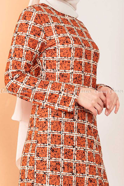 Square Print Orange Modest Long Dress - side closer view