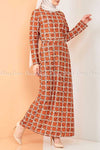 Square Print Orange Modest Long Dress - side view