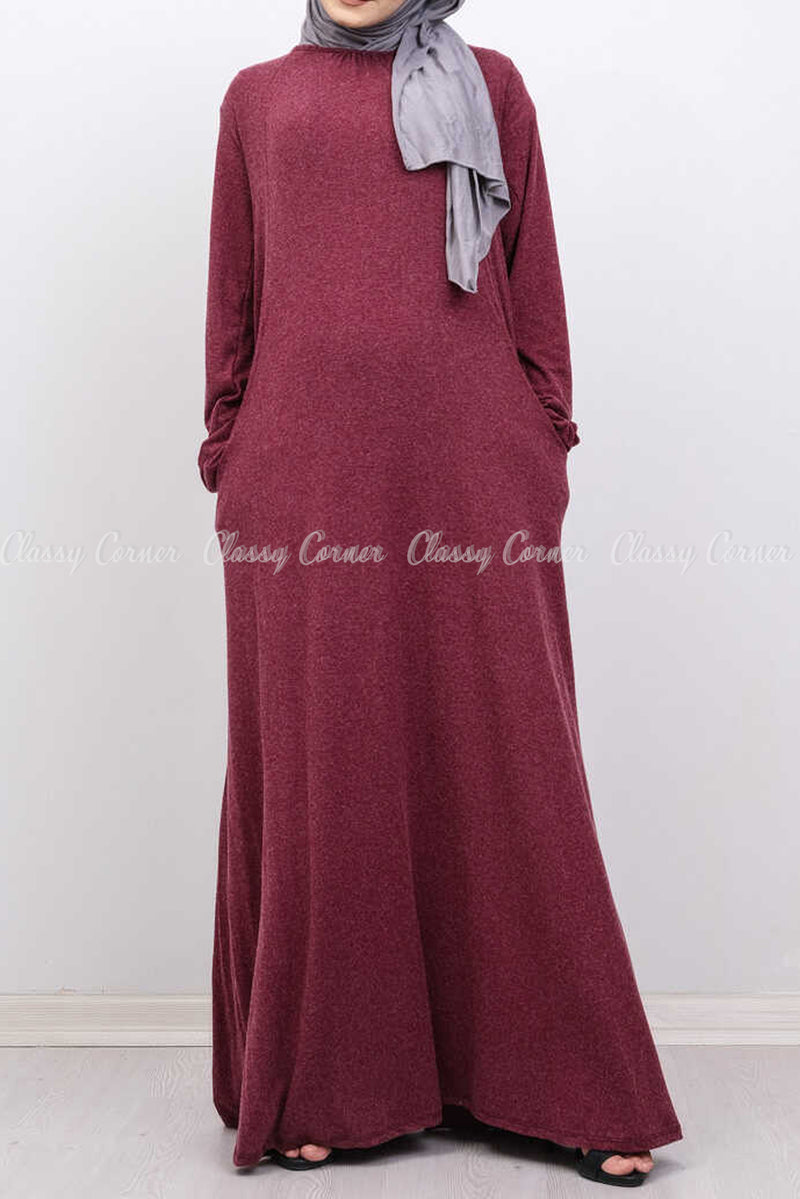 Matte Red Side Pocket Long Modest Dress