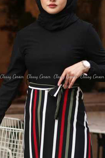 Stripe Pattern Black Modest Long Dress - closer view